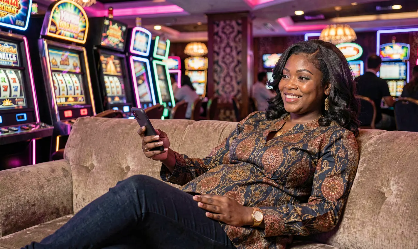 Focused Nigerian woman using the CU8 casino app on her phone while relaxing on a sofa with colorful slot machines glowing behind her
