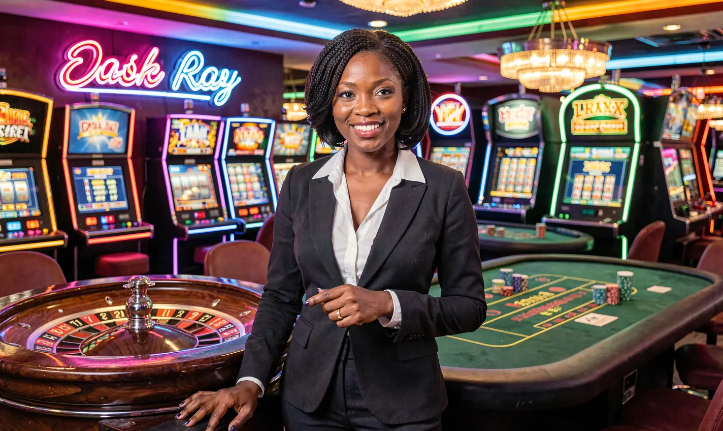 Elegant female casino dealer standing at a glowing roulette table with vibrant neon lights showcasing the immersive live casino atmosphere of CU8 for Nigerian players