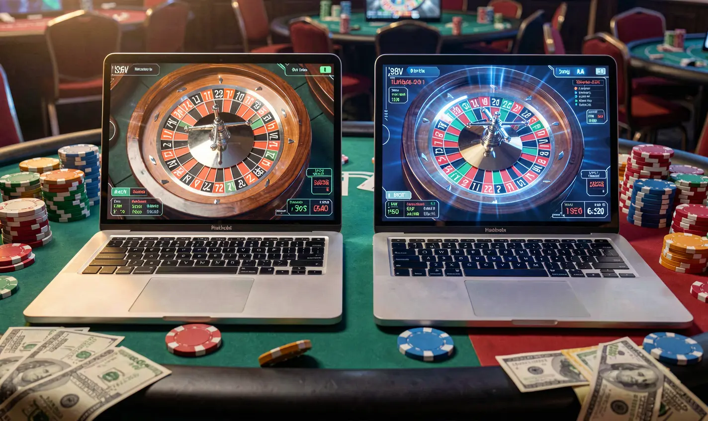 Modern online casino gameplay on a smartphone and laptop with digital chips and a glowing roulette wheel showcasing CU8 casino entertainment for Nigerian players