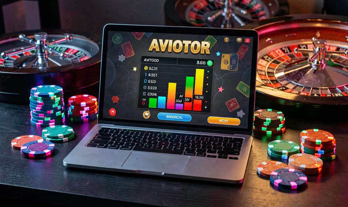 Stylish laptop showing an exciting multiplier moment from the Aviator game with stacked casino chips highlighting premium CU8 gaming in Nigeria