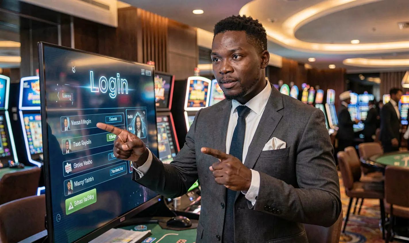 Professional Nigerian casino dealer pointing at a glowing login screen inside a modern CU8 casino environment