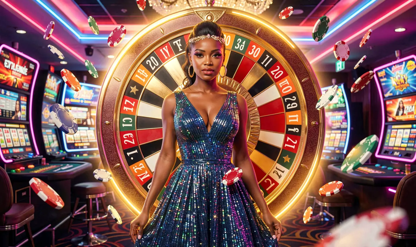 CU8 – Step into an exciting live casino experience made for Nigeria Stylish woman in a shimmering dress posing before a bright roulette wheel with casino chips floating around representing the thrilling live casino world of CU8 for Nigerian players