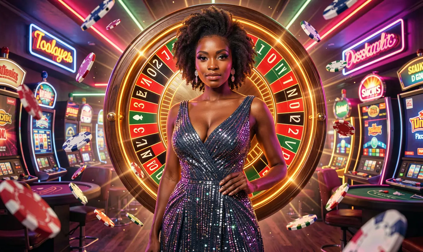 CU8 – Experience the excitement of live casino games in Nigeria A confident casino hostess in a sparkling dress standing before a vibrant roulette wheel with flying chips showcasing the immersive live casino atmosphere of CU8 for Nigerian players