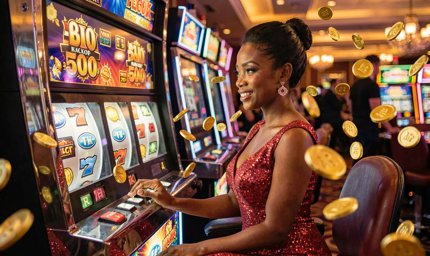 Stylish Nigerian casino player enjoying high quality slot games at CU8 with bright reels and dynamic casino visuals